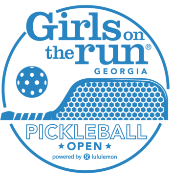 Blue graphic with Girls on the Run type logo that reads, "Pickleball Open powered by lululemon"